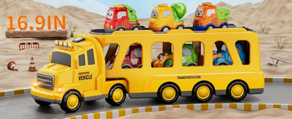 Transport Construction Truck Toy for Boys – 16.9 Inch Large Carrier Truck with 6 Cars, Lights & Sounds, Push & Go Vehicle Playset for Kids Toddlers, Birthday Christmas Gift for Boys Girls