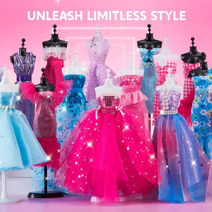 Fashion Design Kit for Girls 400+ Pieces – 3 Mannequins 21 Fabrics Ribbons Trims No-Sew DIY Dress Up Craft Set, Birthday Gift for Aspiring Designers Ages 8 9 10 11 12