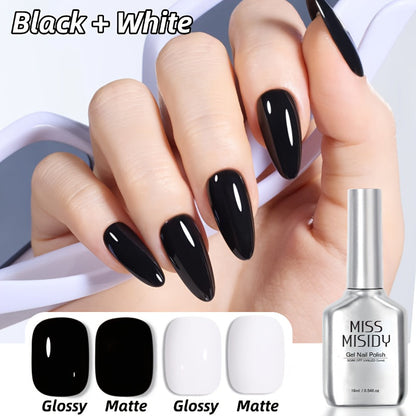 Odorless Gel Nail Polish Black & White 0.54oz MISS MISIDY Soak-Off UV LED Durable High Gloss – Self-Leveling Easy Application for Salon & Home Manicure Pedicure, Classic Minimalist Nail Art Gift for Women