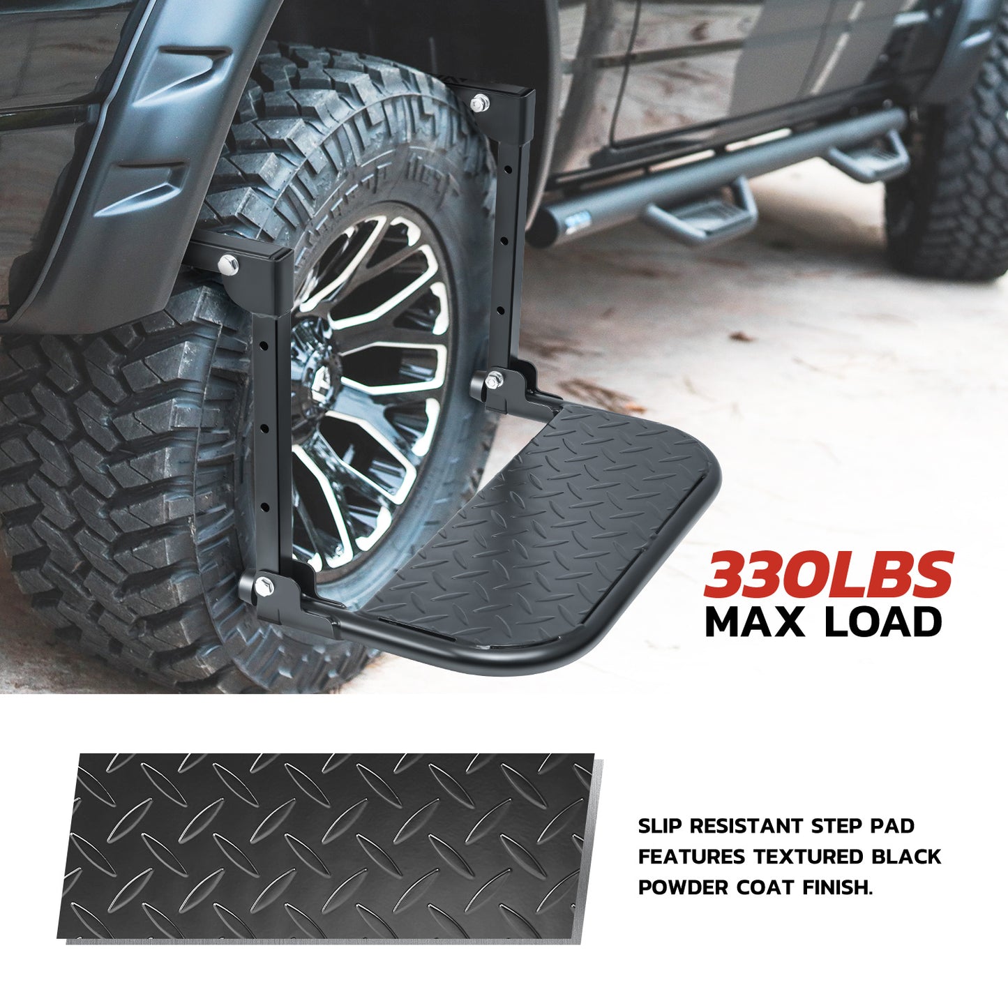 Folding Tire Step Adjustable Mounted Step for Car Pickup Truck SUV RVs, Heavy Duty, Fit Most Tire From 9'' to 13'', Max Capacity 330 lbs