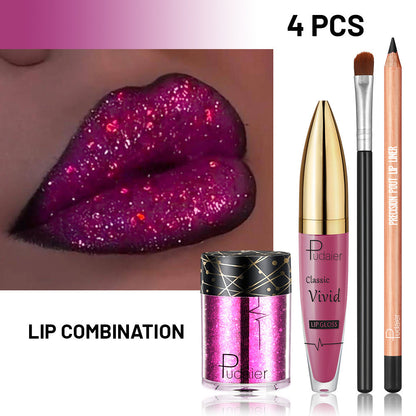 Metallic Glitter Lip Kit 4-Piece – Sparkling Lip Liner, High-Shine Lip Gloss, Chunky Glitter & Lip Brush Combo for Party, Festival, Rave & Holiday Makeup, Gift for Women