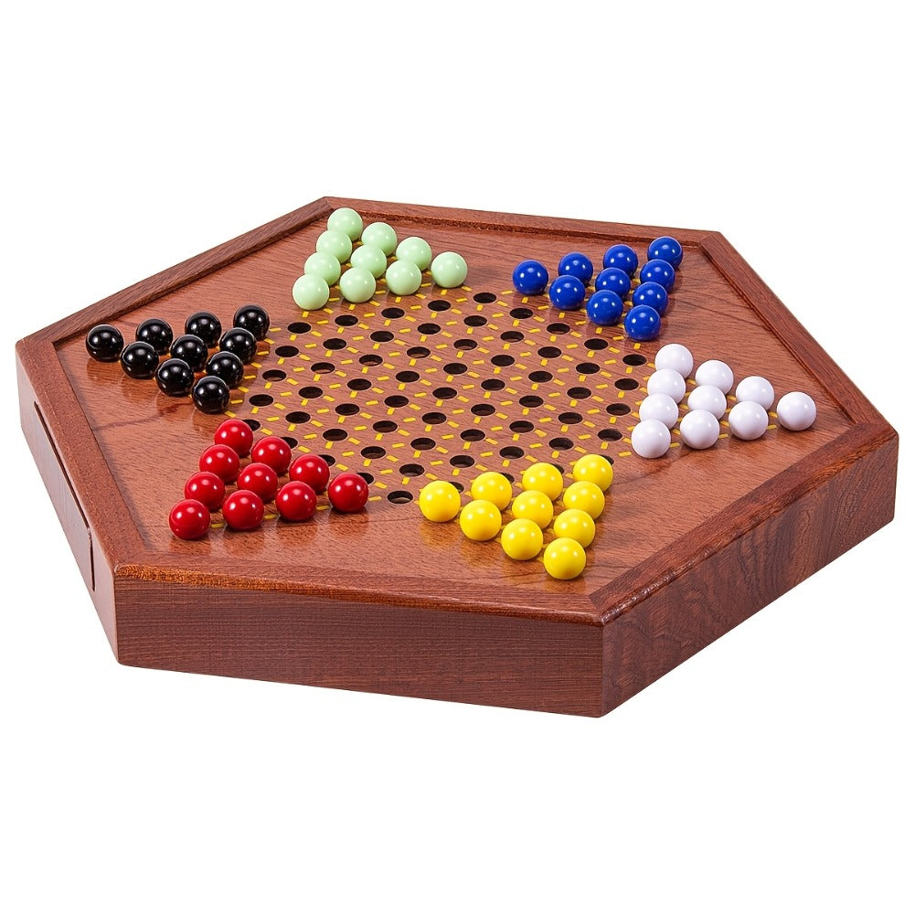 Deluxe Wooden Chinese Checkers Game Set 12.5 Inch Hexagonal Board with Storage Drawer 60 Acrylic Marbles – Classic Family Strategy Board Game for Kids Adults Game Night Gift