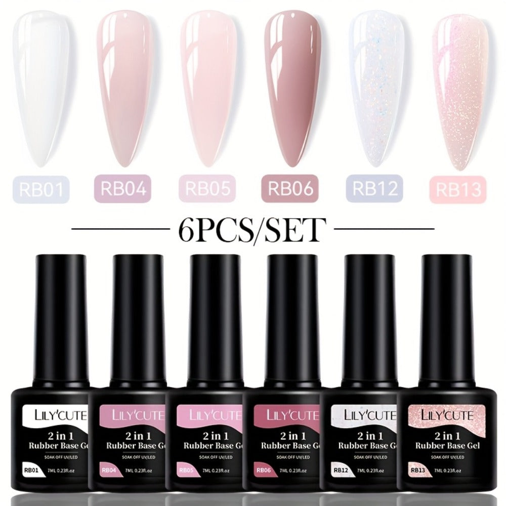 Rubber Base Gel Polish Set 6pcs Nude Pink 2-in-1 Builder Base Coat – Self-Leveling Soak Off UV LED Semi-Permanent Long-Lasting Gel Manicure Kit 0.24oz Each for DIY & Salon Nail Art Women