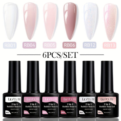 Rubber Base Gel Polish Set 6pcs Nude Pink 2-in-1 Builder Base Coat – Self-Leveling Soak Off UV LED Semi-Permanent Long-Lasting Gel Manicure Kit 0.24oz Each for DIY & Salon Nail Art Women