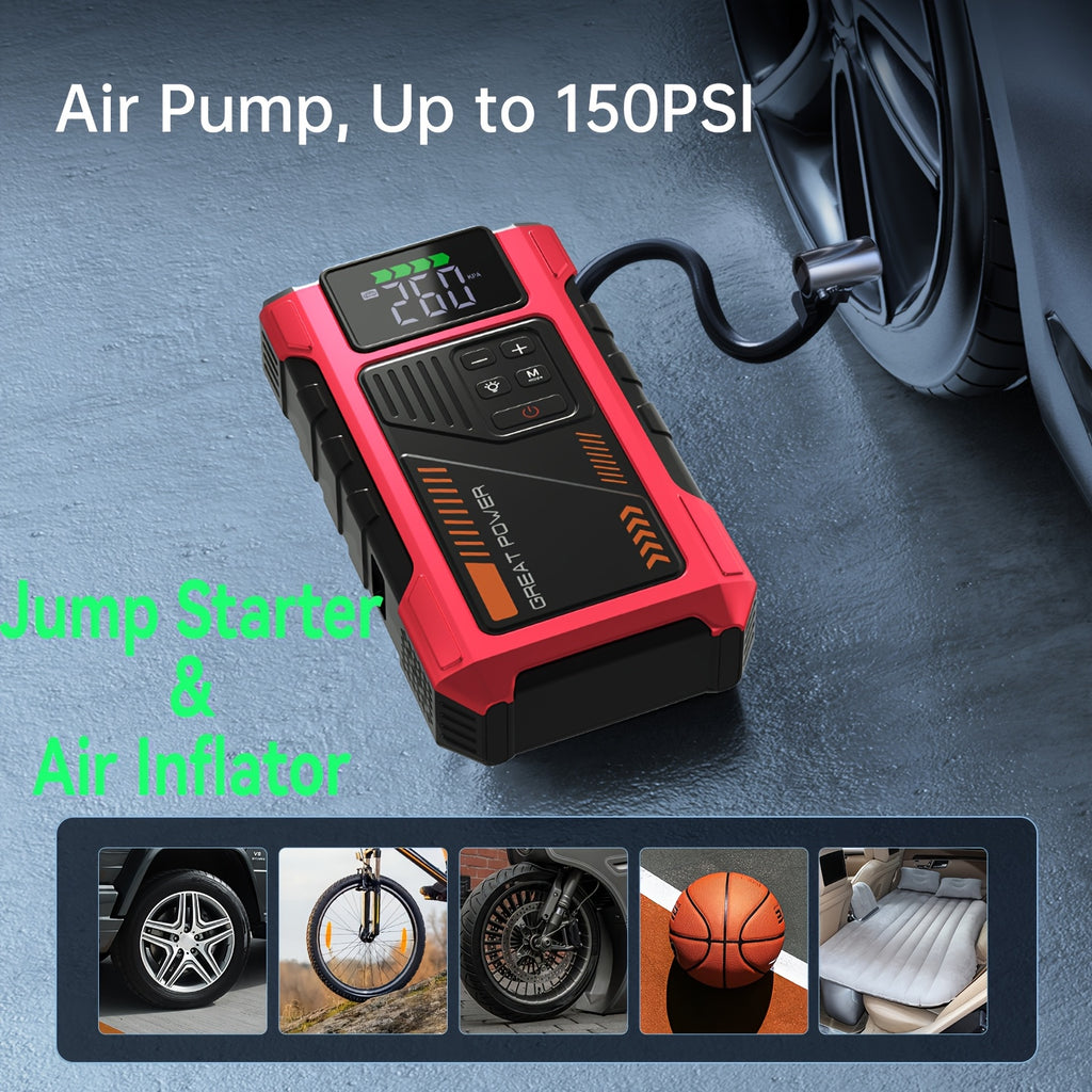 4000A Portable Car Jump Starter with Air Compressor, Suitable for 12V(2.11gal Gas, 1.72gal Diesel) Jump Starter Battery PackWith150 PSl Tire Inflator, 12V Car Battery Jump Power with LED Light, Car Accessories Tools, Car Emergency Kits, Jump Starters