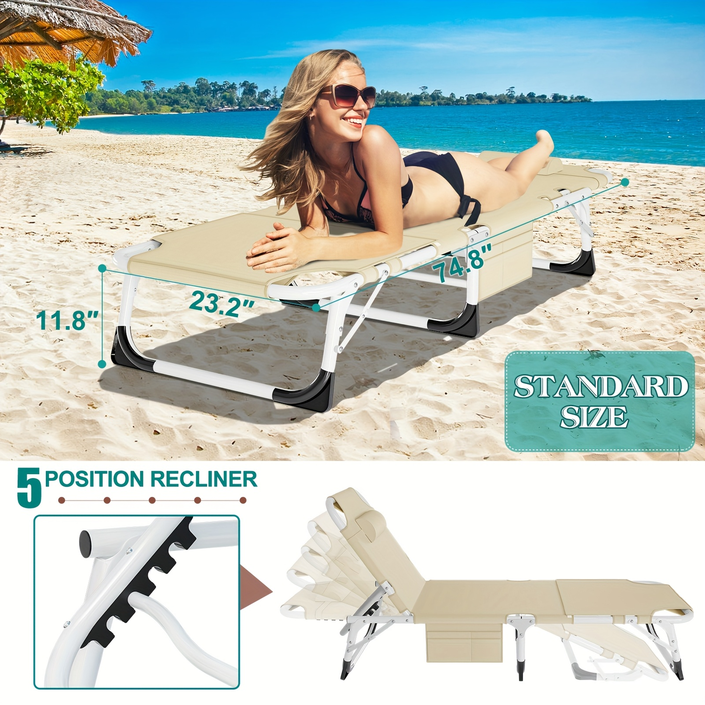 Folding Chaise Lounge Chair for Outdoor Tanning – 5-Position Adjustable Sunbathing Lounger with Face Hole for Pool, Beach & Backyard – Standard & Oversize Available