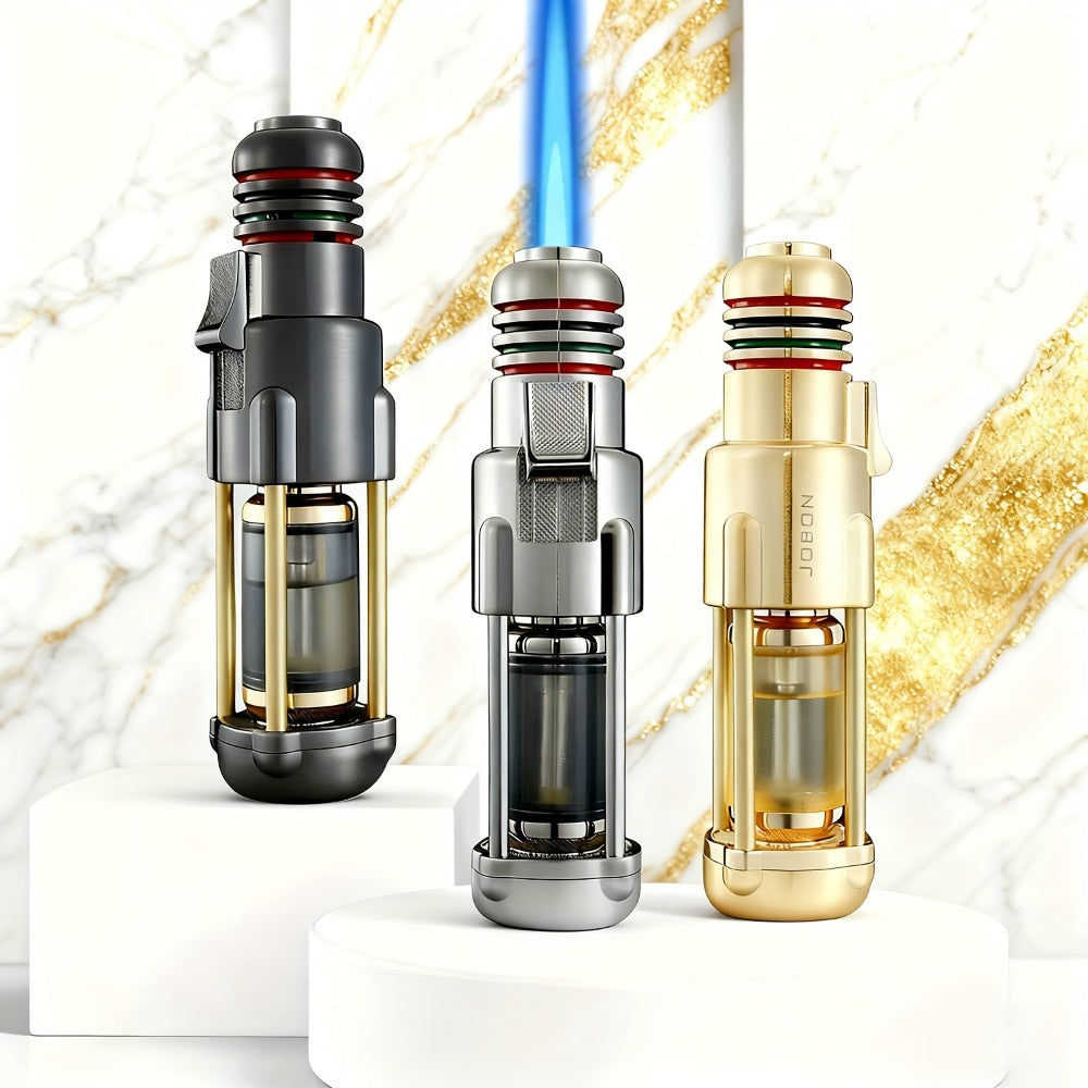 Butane Torch Lighter Windproof Jet Flame Zinc Alloy Refillable – Visible Fuel Tank, Adjustable Blue Flame, Rocket Design for Camping, BBQ, Cigar & Outdoor Use, Grey & Golden (No Butane Included)