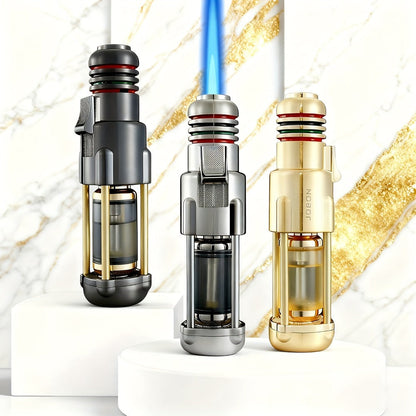 Butane Torch Lighter Windproof Jet Flame Zinc Alloy Refillable – Visible Fuel Tank, Adjustable Blue Flame, Rocket Design for Camping, BBQ, Cigar & Outdoor Use, Grey & Golden (No Butane Included)