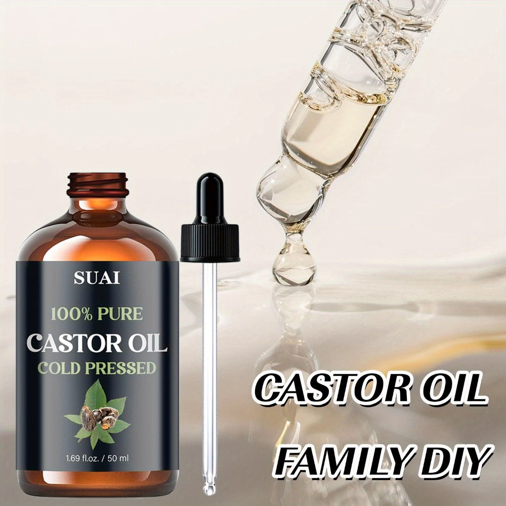 Castor Oil 100% Pure Cold Pressed 1.69oz — Hypoallergenic Multi-Use Oil for Hair Growth Eyebrow Eyelash Thickening Skin Moisturizing Nail Cuticle Care Plant Extract Women Men All Skin Types