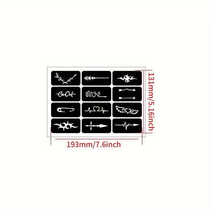 DIY Tattoo Stencils Set 12 Sheets Hollow Design Templates | Reusable Body Art Kit for Arm Ankle Ear Wrist | Waterproof Compatible with Juice Paste Freehand Ink Henna | Unisex Home Party Tattoo Kit