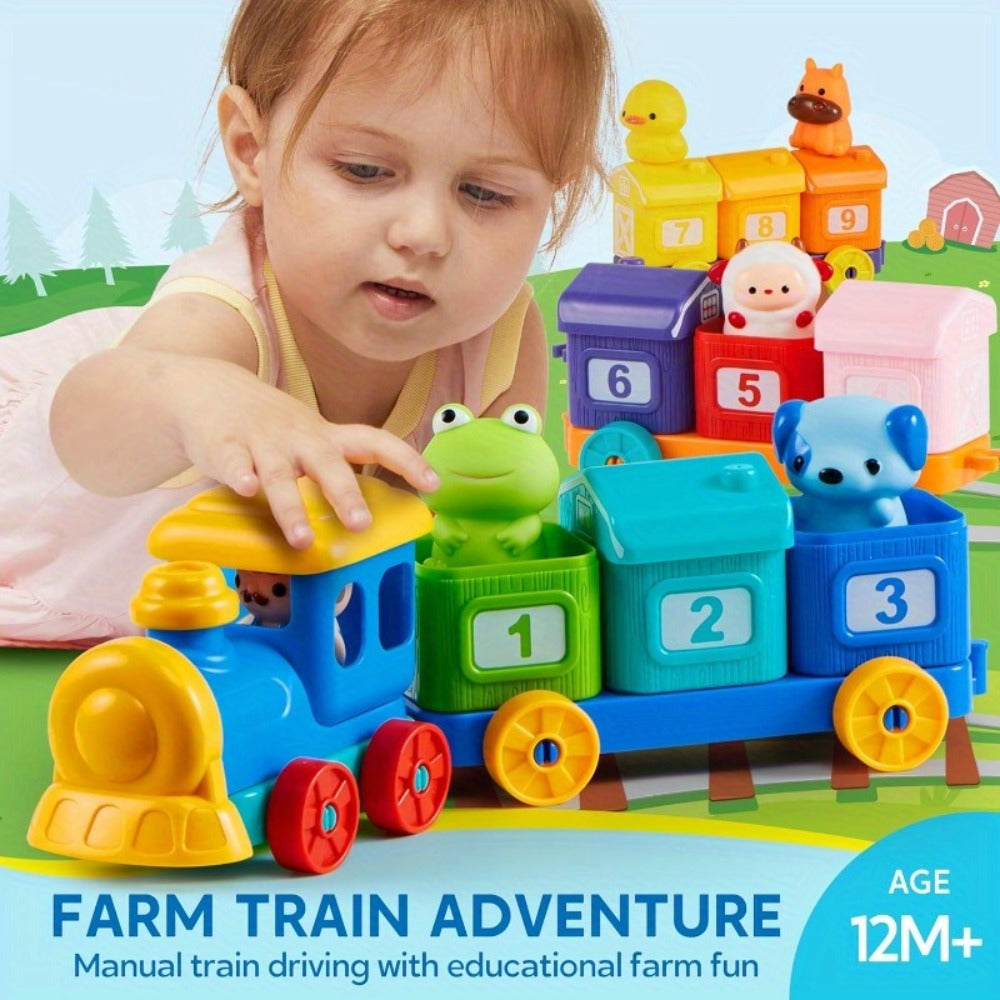 Farm Number Train Learning Toy for Toddlers with 9 Farm Animals & Farmer – Counting Sorting Matching Educational Train Set for Baby Boys Girls Ages 1-3 Birthday Christmas Gift