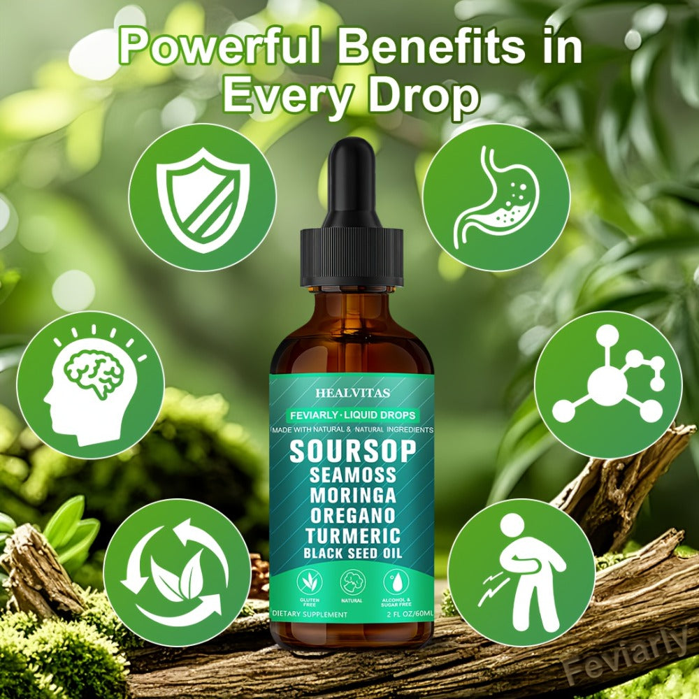 Soursop Bitters Liquid Drops 10-in-1 with Sea Moss Moringa Turmeric Black Seed Oil Oregano Ashwagandha - Natural Herbal Supplement for Immune Support Detox & Wellness 140g