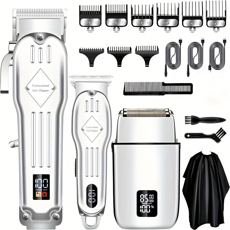 Foil Shaver Grooming Kit for Men 3-in-1 – Hair Clipper Detail Trimmer Adjustable Blades USB Rechargeable LCD Display Complete Barbershop Accessories Set Holiday Gift for Him