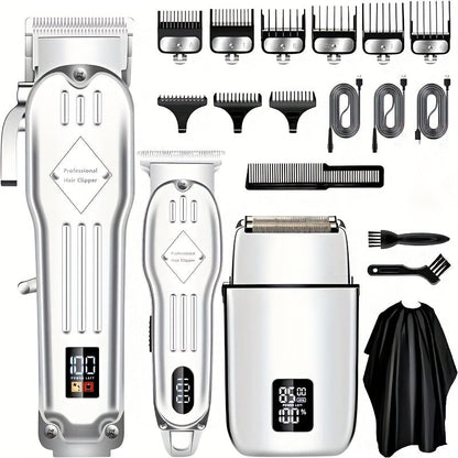 Foil Shaver Grooming Kit for Men 3-in-1 – Hair Clipper Detail Trimmer Adjustable Blades USB Rechargeable LCD Display Complete Barbershop Accessories Set Holiday Gift for Him