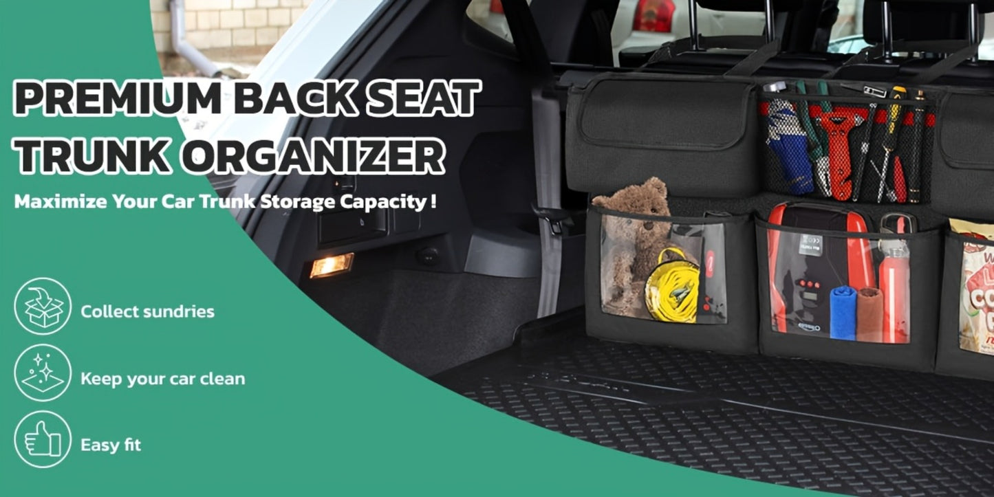 Suspended Car Trunk Organizer – Foldable Rear Seat Cargo Storage Bag with 6 Large Pockets & 3 Adjustable Straps, 40x19 Inch Trunk Organizer for Car
