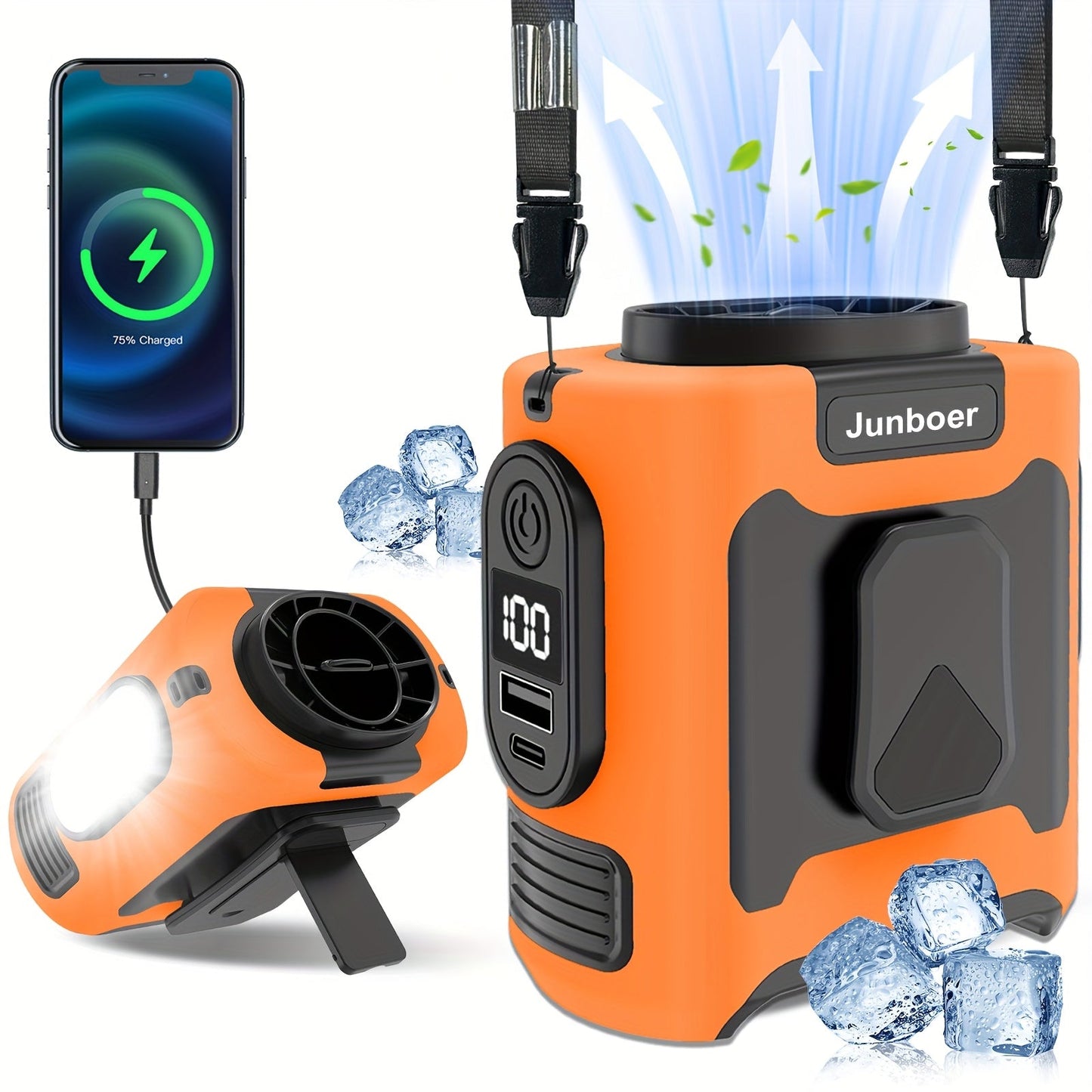 Portable Waist Fan with 10000mAh Power Bank – Wearable Belt Fan, 5-Speed 30000RPM, 40-Hour Cooling, Hands-Free Neck Fan with Dual Clips & Flashlight for Outdoor Camping Travel