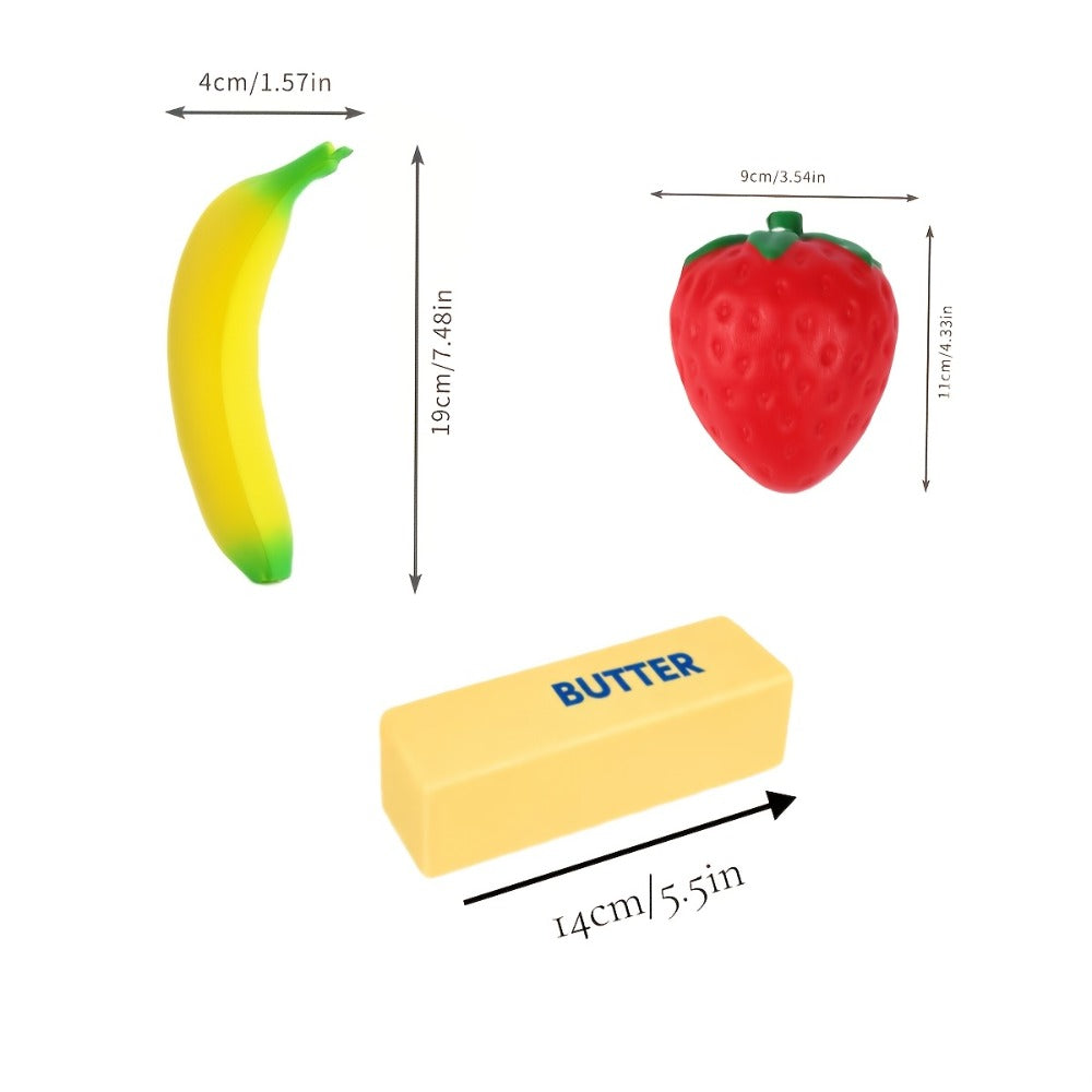 Squishy Food Toy Set 3pcs Slow Rising PU – Pretend Play Simulation Food Butter Banana Strawberry | Sensory Squeeze Stress Relief Toy, Classroom Decoration, Christmas Gift for Kids & Adults