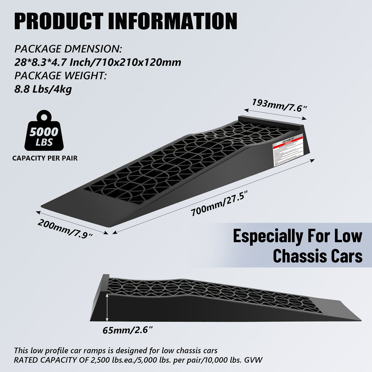 7Ton 5Ton Ramp Vehicle Ramp Pair - Ideal for Stress-Free Home Garage Maintenance - Reduces Slippage - Works with Low Clearance Vehicles - 16, 000lbs/10, 000lbs GVW Capacity - Extra-Wide Design