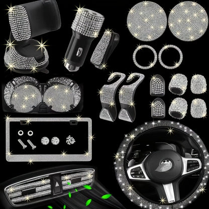 27pcs Bling Car Accessories Set for Women – Steering Wheel Cover 15", Car Coasters, License Plate Frame & Phone Holder, Glitter Interior Kit, Silver, Purple, Pink, Black, Red, Blue