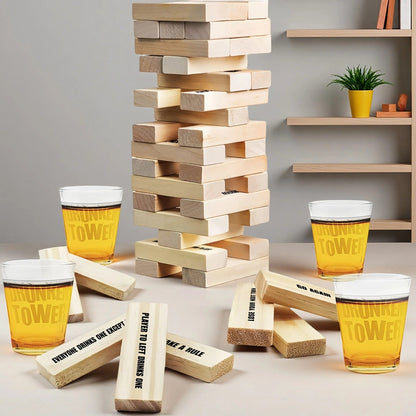 Drinking Game Tower Set 60 Wooden Challenge Blocks with 4 Glass Cups – Adult Party Game for Game Night Camping Bar Bachelorette, Funny Halloween Christmas Birthday Gift for Adults