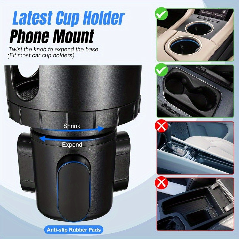 Car Cup Holder Phone Mount, 2-In-1 Cup Holder Expander with Adjustable Base, 360° Rotation, Fits Iphone, Samsung Galaxy & Most Smartphones