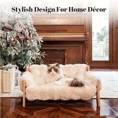 Raised Solid Wood Pet Couch Bed Elevated Modern Cat & Dog Sofa Chair 27x18x12 Inch - Thick Wide Wood Frame Space-Saving Cozy Pet Furniture for Cats & Small Dogs in White & Grey