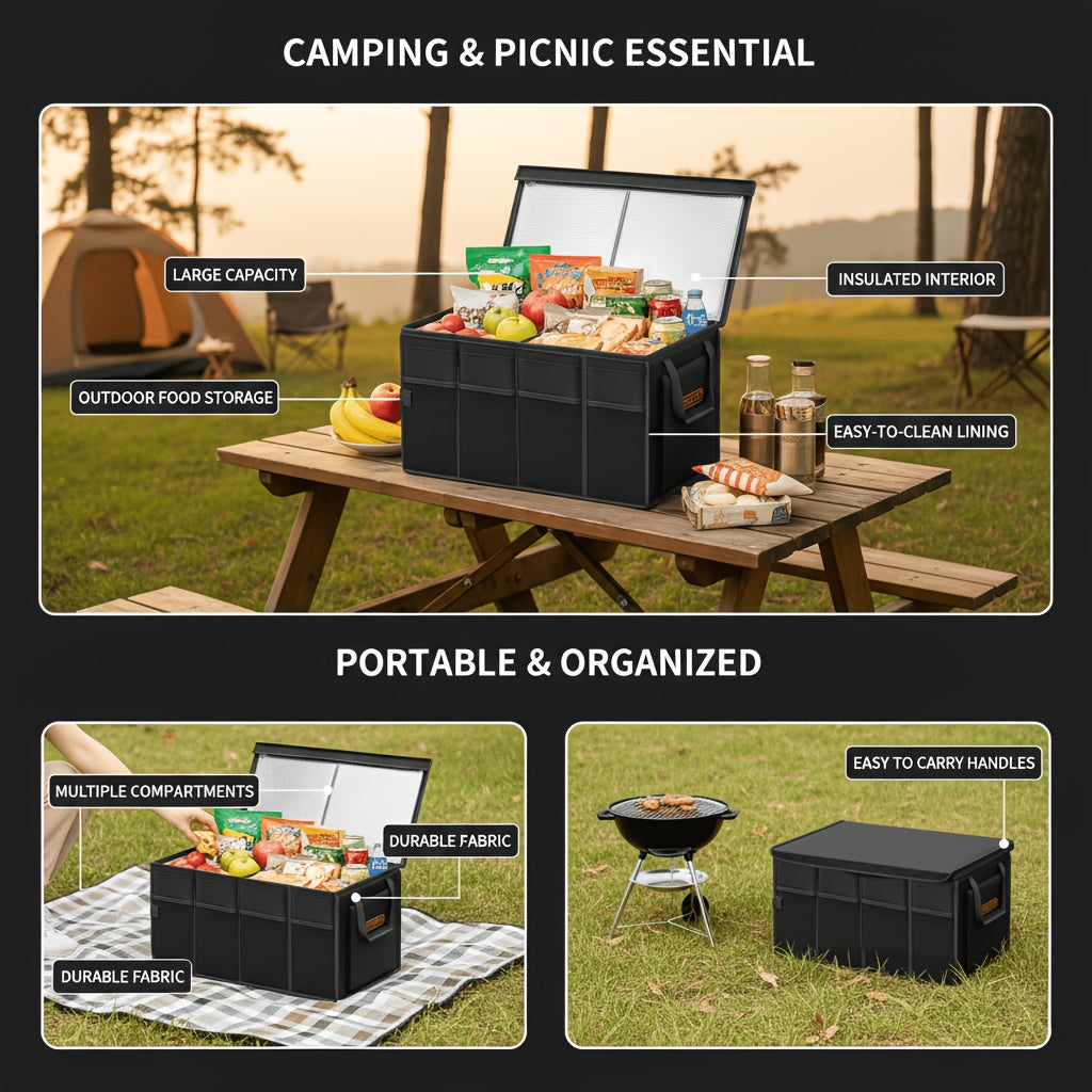 PROTEX Multifunctional Car Trunk Ice Pack (70 Liters) - Foldable with Lid, Cold And Heat Insulation, Large Capacity Organizer - Black Gray