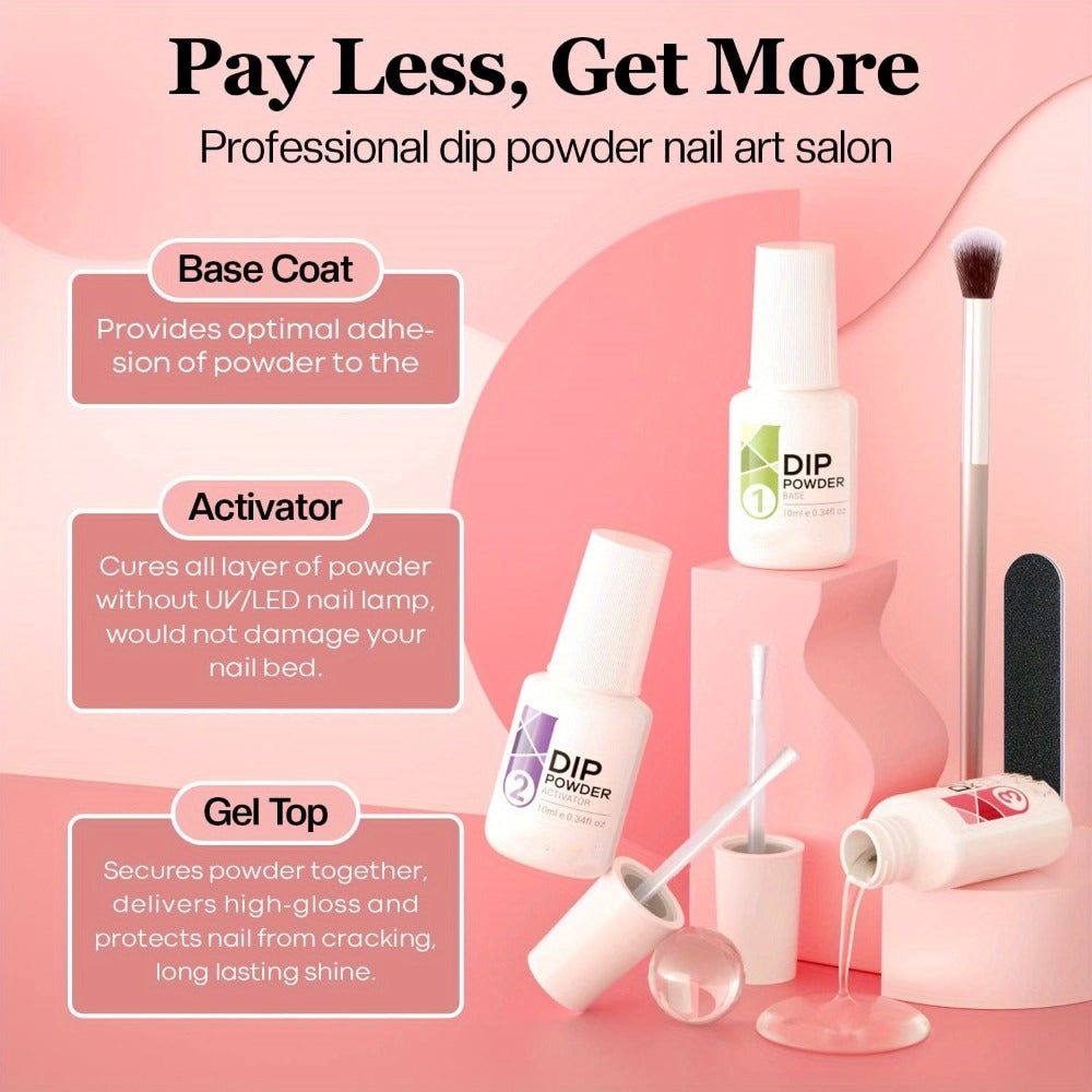 11-Piece Dip Powder Nail Kit Nude Grey Pink — 4 Colors Complete Dipping Set with Base Coat Activator Top Coat Nail Tools No Lamp French Manicure Gift for Women