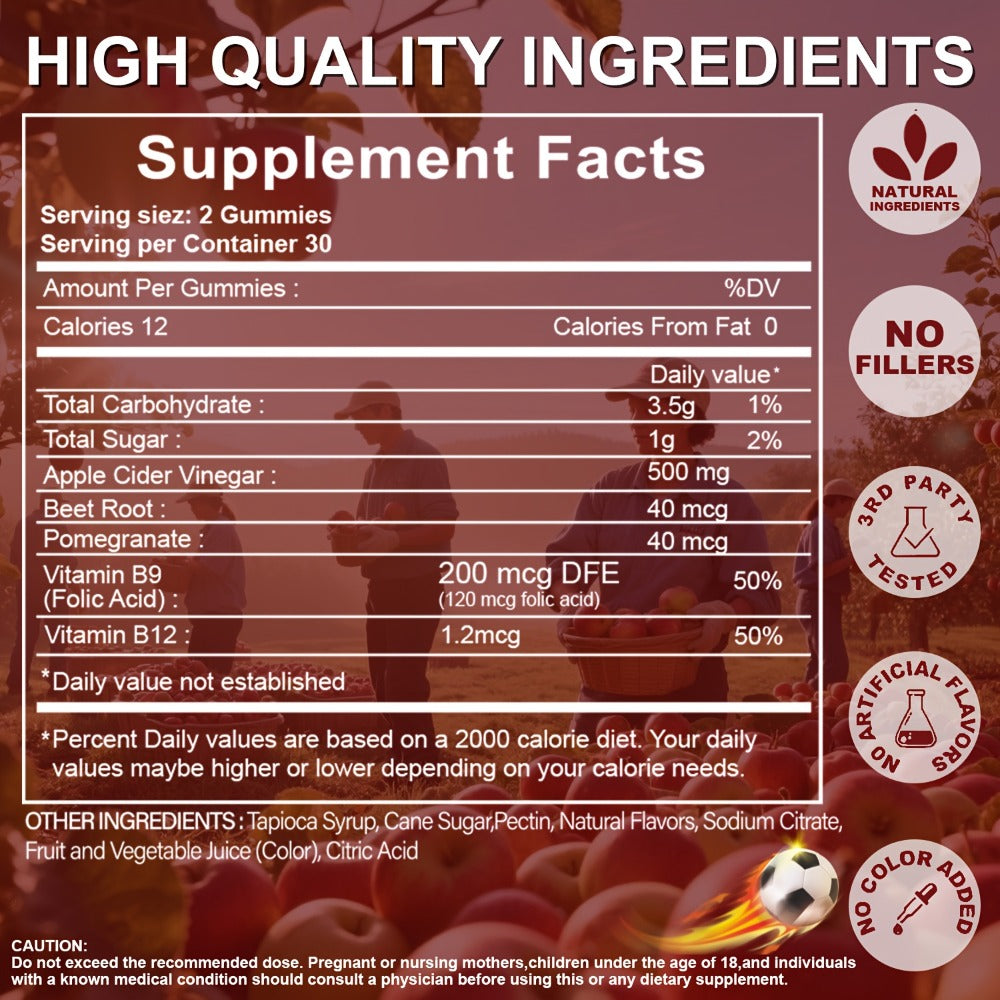 Apple Cider Vinegar Gummies with Pomegranate, Beet Juice & Vitamin B12 — Keto ACV Gummies for Weight Management, Digestion, Energy & Gut Health, Vegan Probiotic Formula, 60 Gummies for Women & Men