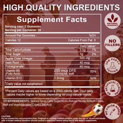 Apple Cider Vinegar Gummies with Pomegranate, Beet Juice & Vitamin B12 — Keto ACV Gummies for Weight Management, Digestion, Energy & Gut Health, Vegan Probiotic Formula, 60 Gummies for Women & Men