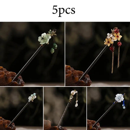 Wooden Hairpins for Women 5 Pack – Retro Flower Hair Pins Minimalist Boho Hair Accessories for Updos Buns Chignons Braids Daily Styling Gift Set 5 Mixed Colors Natural Wood