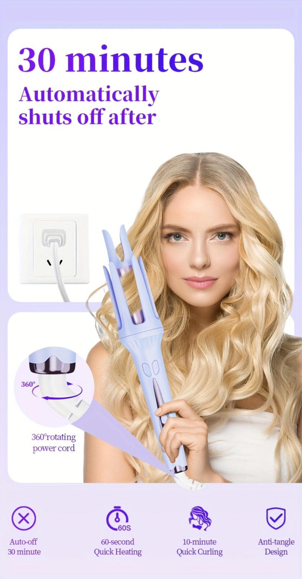 Curling Iron 32mm Automatic – Negative Ion Dual Slot Constant Temperature Anti-Scald Hair Curler with Bracket & Comb, Long-Lasting Bouncy Curls, No Heat Damage, Purple & Pink