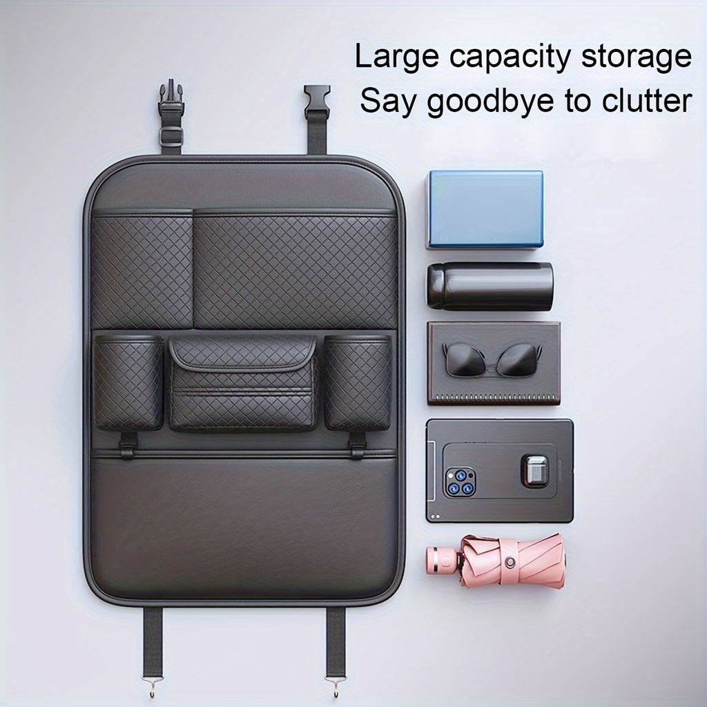 Ling Grid Backrest Storage Bag: Large Capacity, PU Leather, Car Seat Organizer