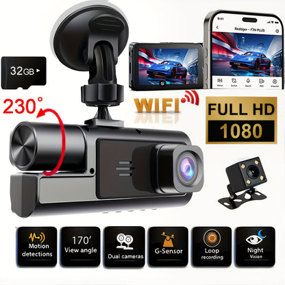 1080P Triple Camera Dash Cam, Dash Camera For Cars, Car Camera With IR Night Vision, 170°Wide Angle Car DVR Camera, 16GB/32GB TF Card Optional, Loop Recording, G-Sensor |2Inch IPS Screen Dual Lens Car Dashboard Video Cam, 24H Park Mode