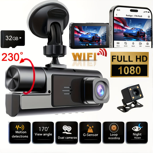 1080P Triple Camera Dash Cam, Dash Camera For Cars, Car Camera With IR Night Vision, 170°Wide Angle Car DVR Camera, 16GB/32GB TF Card Optional, Loop Recording, G-Sensor |2Inch IPS Screen Dual Lens Car Dashboard Video Cam, 24H Park Mode