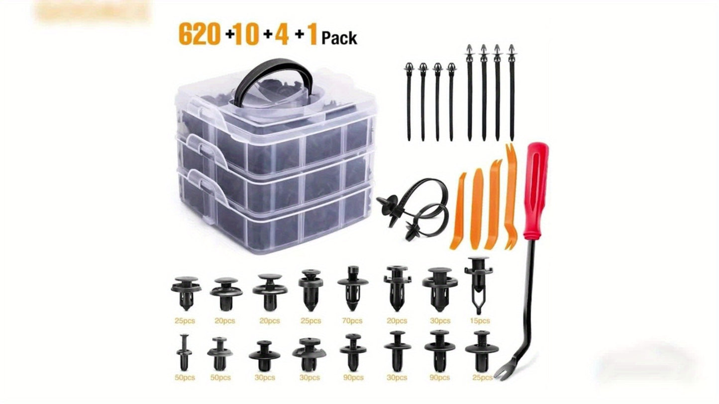 Car Push Retainer Clips Assortment Kit - 16 Sizes Nylon Bumper Fender Plastic Rivets & Auto Fasteners with Removal Tool & Cable Ties, Universal Fit for Most Vehicles (115 / 635 / 640 / 1290 Piece Set)
