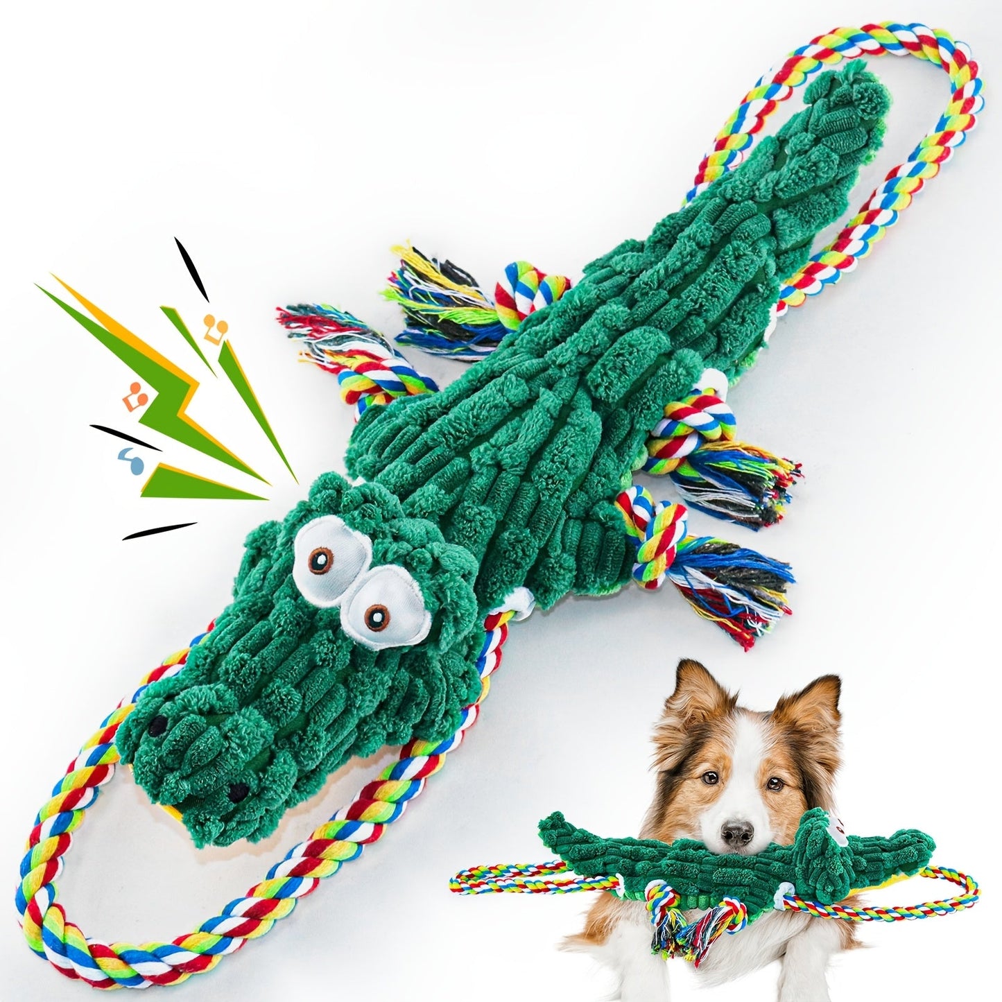 Squeaky Rope Dog Toy Crocodile Shape – Durable Cotton Rope Chew & Tug Toy with Built-In Squeaker, Teeth Cleaning, for Small Medium Large Dogs & Aggressive Chewers