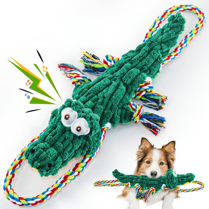 Squeaky Rope Dog Toy Crocodile Shape – Durable Cotton Rope Chew & Tug Toy with Built-In Squeaker, Teeth Cleaning, for Small Medium Large Dogs & Aggressive Chewers