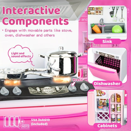 Pink Kitchen Toy Set 64pcs with Lights & Sounds – Mini Furniture Doll Playset for Girls | Pretend Play Kitchen Accessories, Birthday & Christmas Gift for Toddlers & Kids Ages 3 4 5 6