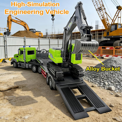 RC Semi Truck with Flatbed Trailer & Alloy Excavator Set 1:12 Scale | 11-Channel Dual Control, Sound & Lights | Construction Engineering Toy for Kids Boys