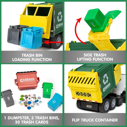 Garbage Truck Toy Set 16-Inch Large Friction-Powered with Lights & Sounds, Color-Coded Trash Bins, Garbage Sorting Learning Cards – Educational Gift for Boys & Girls Ages 3+