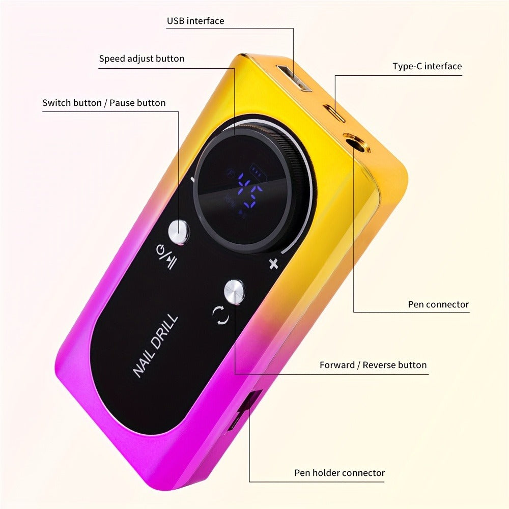 Electric Nail Drill Machine 45000RPM with LCD Display — Rechargeable Cordless E-File Professional High-Speed Nail Sander for Acrylic Gel Polish Natural Nails, Salon & Home Manicure Pedicure Tool