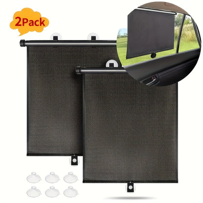 Set of 2 Car Window Curtains with One-Click Storage, Made of PVC in Black. These Retractable Side Curtains Are Easy to Install And Effectively Block UV Rays And Intense Sunlight. They Serve As Anti-Glare Heat Shields