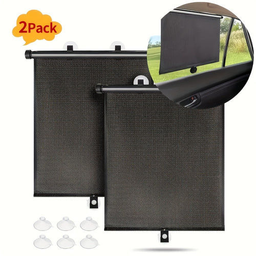 Set of 2 Car Window Curtains with One-Click Storage, Made of PVC in Black. These Retractable Side Curtains Are Easy to Install And Effectively Block UV Rays And Intense Sunlight. They Serve As Anti-Glare Heat Shields