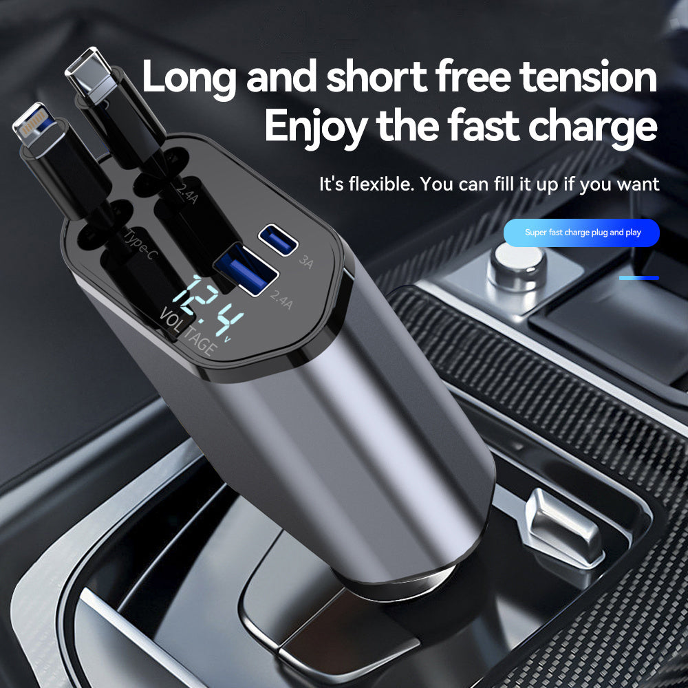 120W Retractable 4in 1 Fast Charging Car Charging Cable 4 Ports Car Charger Adapter Compatible with iPhone 15/ 14/ 13/ 12/ 11 Galaxy Pixel and All iOS and Android Devices - Safe and Reliable Car Plug