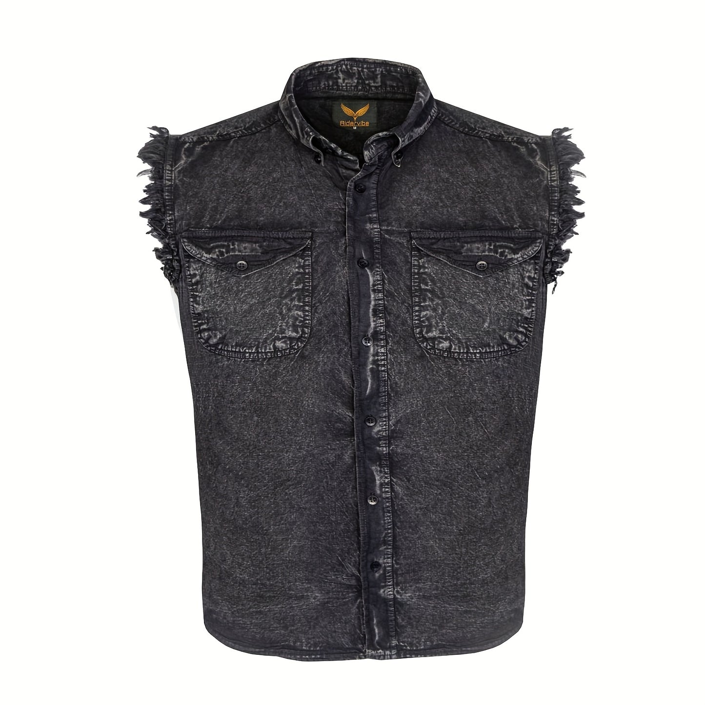 Men's Casual Sleeveless Shirt - All-Season Comfort, Frayed Sleeves, Stonewash Cotton Shirt, Single-Breasted Button-Up with Fringe Hem, Regular Fit for Streetwear, Beach & Vacation, Beach Attire, Streetstyle Apparel, Stretch Fabric