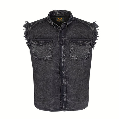 Men's Casual Sleeveless Shirt - All-Season Comfort, Frayed Sleeves, Stonewash Cotton Shirt, Single-Breasted Button-Up with Fringe Hem, Regular Fit for Streetwear, Beach & Vacation, Beach Attire, Streetstyle Apparel, Stretch Fabric