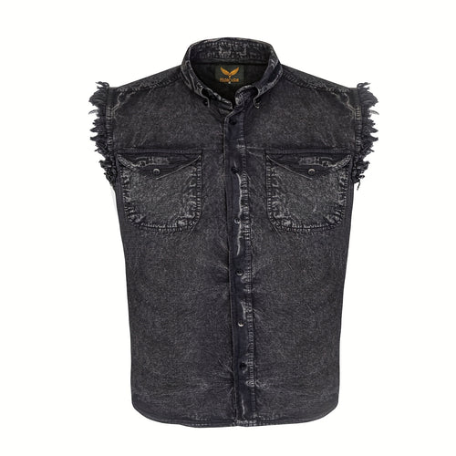 Men's Casual Sleeveless Shirt - All-Season Comfort, Frayed Sleeves, Stonewash Cotton Shirt, Single-Breasted Button-Up with Fringe Hem, Regular Fit for Streetwear, Beach & Vacation, Beach Attire, Streetstyle Apparel, Stretch Fabric