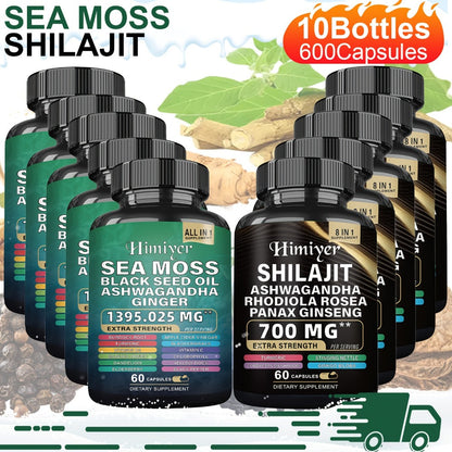 Sea Moss & Shilajit Supplement Bundle 10 Bottles – 12-in-1 Sea Moss + 8-in-1 Shilajit with Ashwagandha, Black Seed Oil, Ginseng & Bladderwrack | Morning & Evening Energy Formula for Men & Women