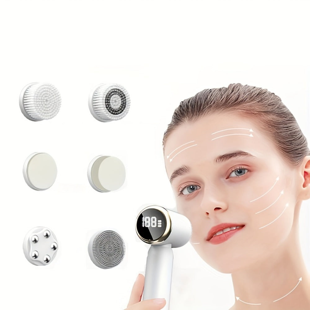 EMS Microcurrent Face Massager Skin Tightening Device V-Face Lifting Double Chin Reducer Neck Rejuvenation 6-in-1 Brush Heads 3-Speed USB Rechargeable Portable Beauty Tool for Women